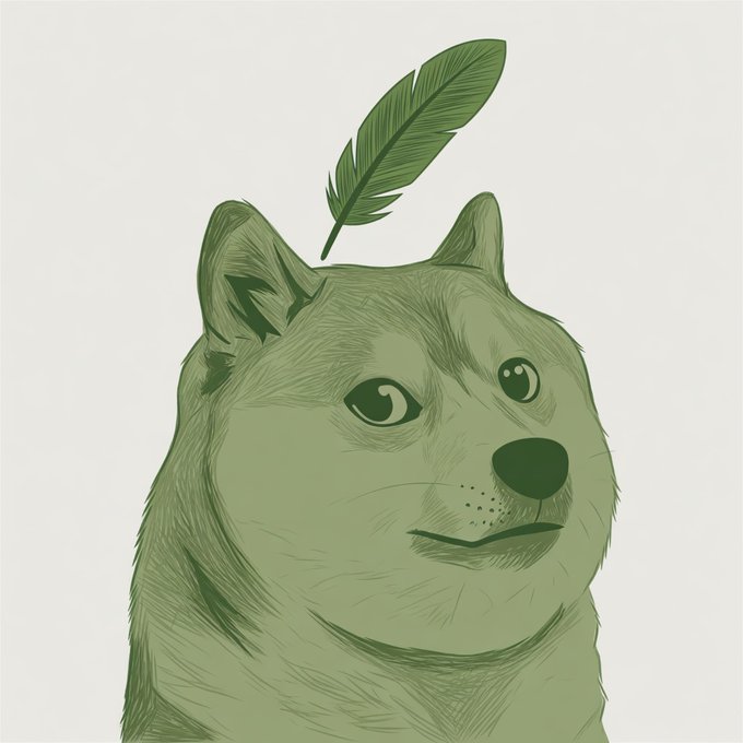 A green-tinted illustration of a Shiba Inu dog (the "Doge" meme) with a feather floating above its head, symbolizing the user feeling important and "tipped with a feather" as they are being followed by Robinhood executives, humorously paired with the $DOGE to-the-moon sentiment.