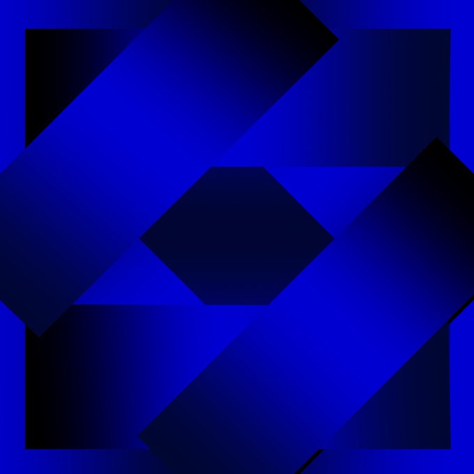 An abstract geometric design featuring overlapping blue and black squares, rectangles, and diamond shapes with gradient shading.