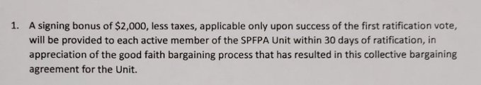 A text excerpt detailing a $2,000 signing bonus for active members of the SFPFJ Unit upon successful ratification of a collective bargaining agreement.