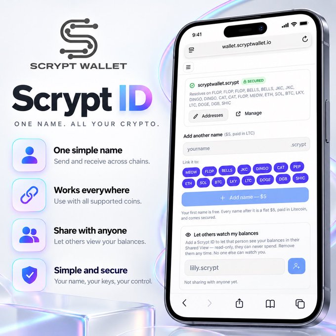 A promotional graphic for 'Scrypt Wallet' featuring a smartphone displaying the 'Scrypt ID' interface, highlighting features like 'One simple name', 'Works everywhere', 'Share with anyone', and 'Simple and secure'.