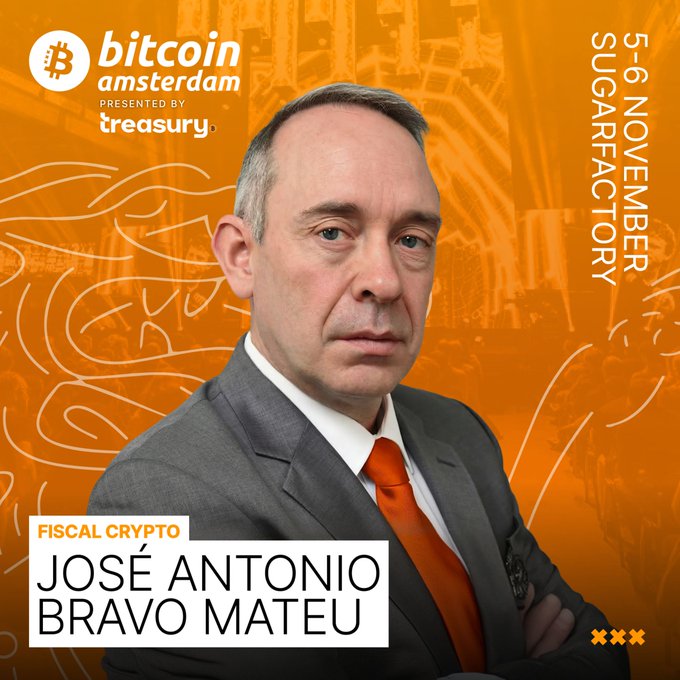A promotional image for 'Bitcoin Amsterdam presented by treasury' featuring a man in a suit with the text 'FISCAL CRYPTO JOSÉ ANTONIO BRAVO MATEU' and dates '5-6 NOVEMBER' at SugarFactory.