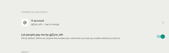 A settings screen showing a connected X account (@Zyre_eth) with an enabled toggle for 'Let people pay me by @Zyre_eth'.