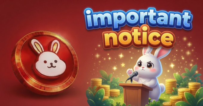 A promotional graphic displaying 'important notice' in colorful bubble letters, featuring a cartoon bunny token on the left and an angry bunny character at a podium surrounded by gold coins on the right.