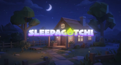 A stylized nighttime illustration featuring a house with a glowing crescent moon above it, the "SLEEPAGOTCHI" logo in purple and green letters, and a low-poly art style.