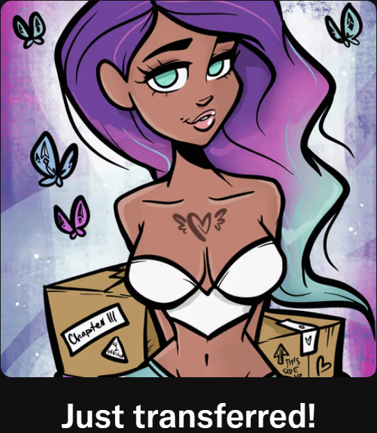 An NFT-style artwork of a purple-haired character with green eyes surrounded by butterflies, holding a cardboard box labeled 'Unopened NFT' with the caption 'Just transferred!' at the bottom.