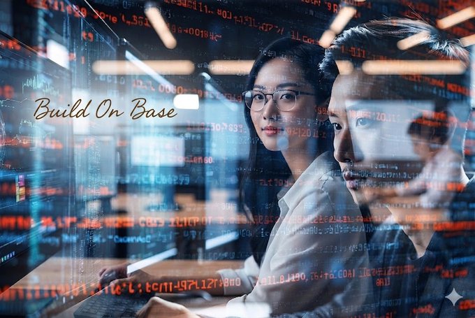 A composite image of a man and woman looking at a laptop screen overlaid with stock market data and the cursive text 'Build On Base'.