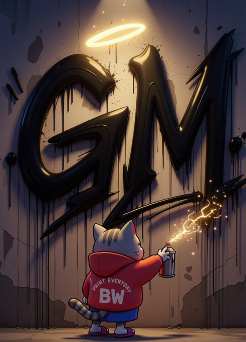 An illustrated cat in a red hoodie labeled 'PRINT EVERYDAY BW' sprays graffiti onto a wall, creating bold black 'GM' letters topped with a glowing golden halo under a spotlight.