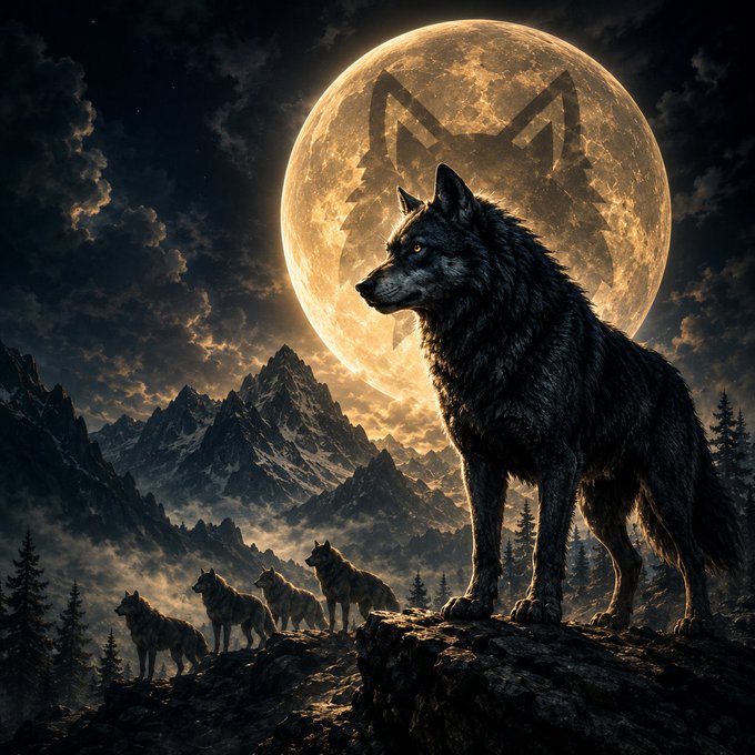 A digital artwork of a black wolf standing on a rocky outcrop with a pack of wolves behind it, set against a large full moon bearing a wolf emblem.
