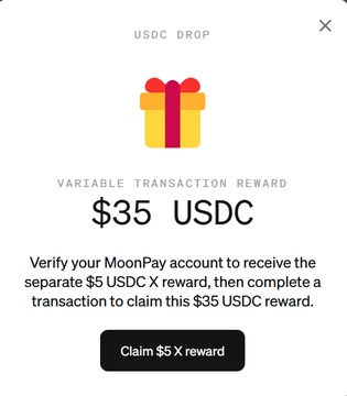 This image shows a MoonPay USDC airdrop offering a $35 USDC reward for completing a transaction and a separate $5 USDC X reward for verifying your MoonPay account. The user is stuck at the account connection step, preventing them from claiming this reward.