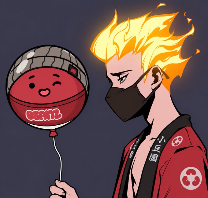 An anime-style illustration of a character with flaming yellow hair wearing a black mask and a red kimono, holding a red balloon labeled 'BEANZ'.