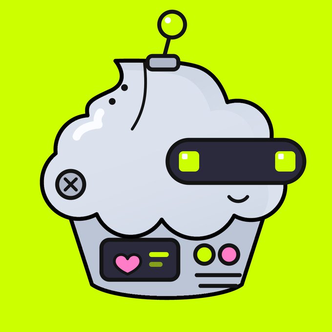 Cartoon illustration of a cute gray cupcake-shaped robot with a VR headset, antenna, and heart display on a bright yellow-green background.