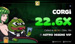 A promotional graphic for 'CORGI' featuring a cartoon frog in a tuxedo, a green-haired woman, and the text '22.6X Called at 46.1X | 33m, 16d' along with the ticker 'ASTRO DEGENSS VIP'.