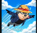 The image features a cartoon character wearing a yellow hat, flying through the air with his arms outstretched as if he's soaring above the clouds. The character has a serious expression on his face, giving off an impression of determination or seriousness. In the background, there are some clouds that add to the overall atmosphere of the scene.

The image also contains text that reads "MANYU #NFT", which is likely a reference to the character's digital asset or token. The post mentions that the character can fly and make millions of tokens available for staking, indicating that it could be an advertisement for a cryptocurrency or digital asset related to the character.