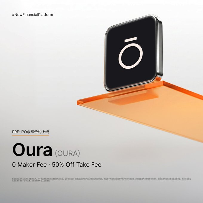 A promotional graphic announces the Pre-IPO perpetual contract listing for 'Oura (OURA)' on a new financial platform, advertising '0 Maker Fee · 50% Off Take Fee' with a black and orange device-like icon.