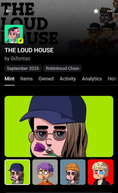 A screenshot of an NFT collection called "The Loud House" by 0xfortizo on the Robinhood Chain, set to mint in September 2026, featuring cartoon-style character portraits with one currently selected against a green background, matching the post's excitement about securing a mint spot for the hand-drawn art free mint.