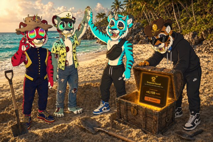 Four anthropomorphic furry characters in casual streetwear stand on a tropical beach around an open treasure chest displaying an NFT labeled 'Treasure Found' with 44,159 points.