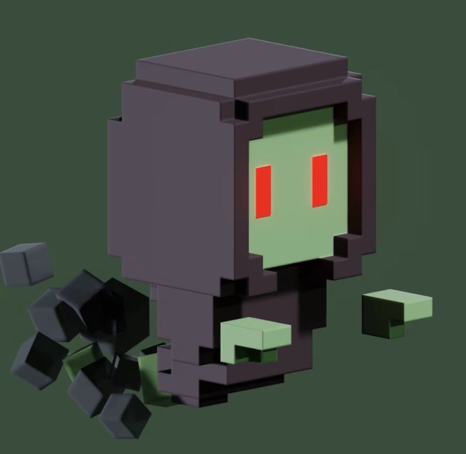 A 3D voxel-style digital art rendering of a small, blocky dark figure with glowing red eyes against a dark green background.