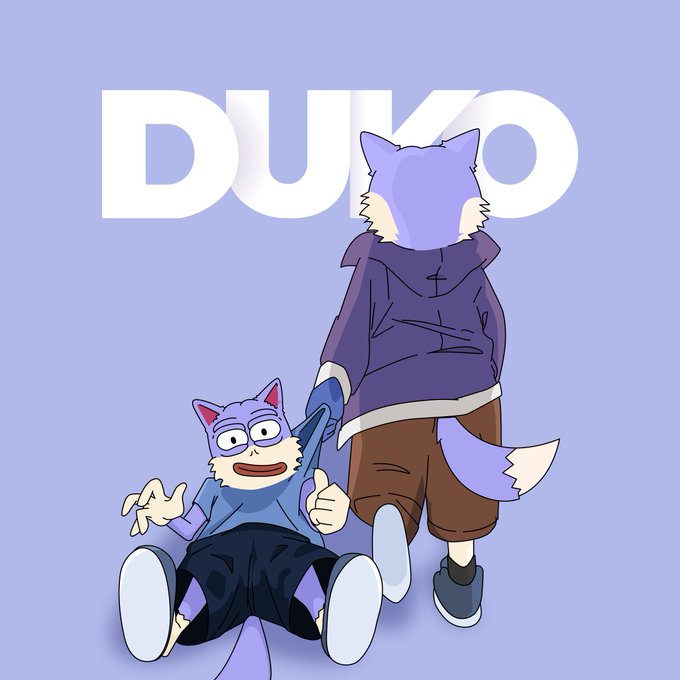 The image shows two anthropomorphic fox-like characters with the large text "DUKO" displayed above them against a light purple background. One character in a purple hoodie is pulling the other character by the arm, who is sitting on the ground wearing glasses, fitting the playful "Good Morning DUKO" greeting.