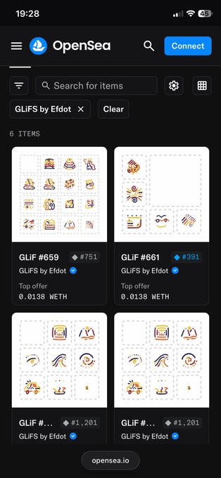 The image shows a cell phone screen displaying several icons, including "OpenSea" at the top right corner and "GIFs by Edot" towards the bottom left side. The icons are arranged in a grid format with four rows and three columns. One of the icons is a gif that appears to be related to the post about GIFs on OpenSea.