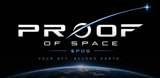 A promotional graphic for 'PROOF OF SPACE' with the ticker '$POS' and tagline 'YOUR NFT, BEYOND EARTH,' featuring Earth from space and a shooting star.