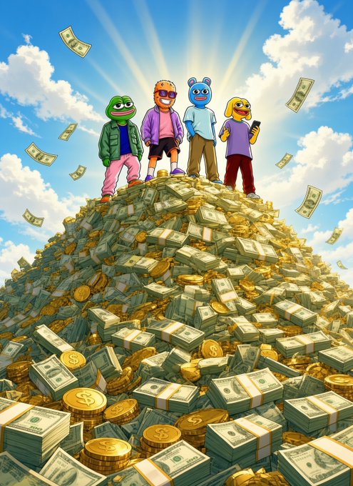 A vibrant cartoon illustration depicts four frog-headed characters standing triumphantly atop a massive pile of cash and gold coins under a sunny blue sky, with dollar bills raining down around them.