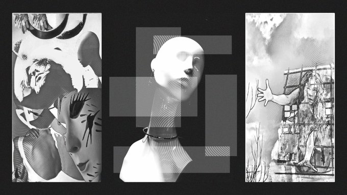 A black and white collage featuring three artistic panels: stylized faces on the left, a distorted 3D head in the center, and a surreal figure emerging from a brick wall on the right.