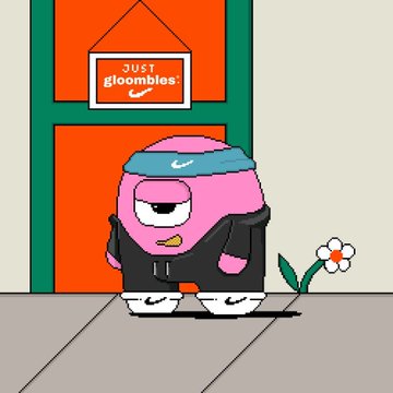 The image features a pink character with white eyes standing next to an orange door. The character has a black hoodie and white shoes. Above the door, there's a sign that says "Just glombies", which suggests that this character might be related to or inspired by the Just Gloomies video game series.