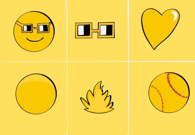 A yellow-themed illustration displays six icons in a grid, including a smiling face with pixelated glasses, a pair of glasses, a heart, a circle, flames, and a baseball.