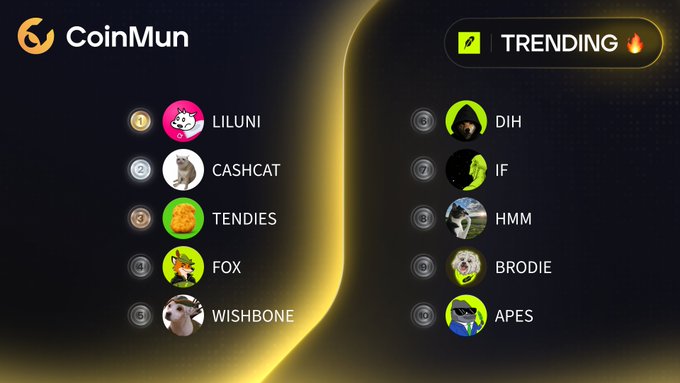 The image displays a CoinMun "Trending" leaderboard featuring the top 10 cryptocurrencies, listing tickers $LILUNI, $CASHCAT, $TENDIES, $FOX, $WISHBONE, $DIH, $IF, $HMM, $BRODIE, and $APES, each accompanied by their respective character logos and social handles. The graphic directly corresponds to the accompanying post, which highlights these same trending tokens on the Robinhood platform via CoinMun.