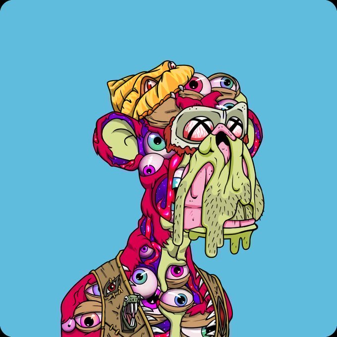 A grotesque cartoon illustration of a melting, multi-eyed humanoid figure with dripping green slime against a bright blue background.