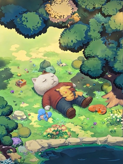 An illustration of a white cat-like character in a red shirt and blue pants sleeping on the grass with a Pikachu, surrounded by other Pokémon like Bulbasaur, Squirtle, and Charmander near a pond.