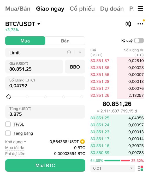 A Vietnamese cryptocurrency trading interface displays BTC/USDT buying at a price of 80,851.25 USDT with an order book showing bids and asks.