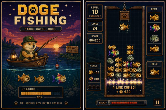 Promotional screenshots for a mobile game called 'DOGE FISHING: STACK. CATCH. HOOK.', featuring pixel art of a dog fishing in a boat on the left and gameplay showing fish on a grid with a '4 LINE COMBO!' notification on the right.