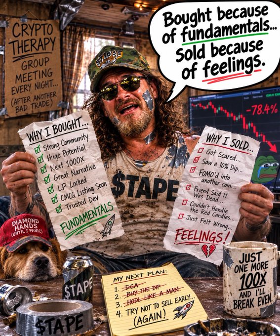 A satirical crypto meme showing a disheveled man in a 'STAPE' hat holding two lists titled 'Why I Bought' (fundamentals) and 'Why I Sold' (feelings), with the tagline 'Bought because of fundamentals... Sold because of feelings,' depicting a -78.4% loss on the screen behind him.
