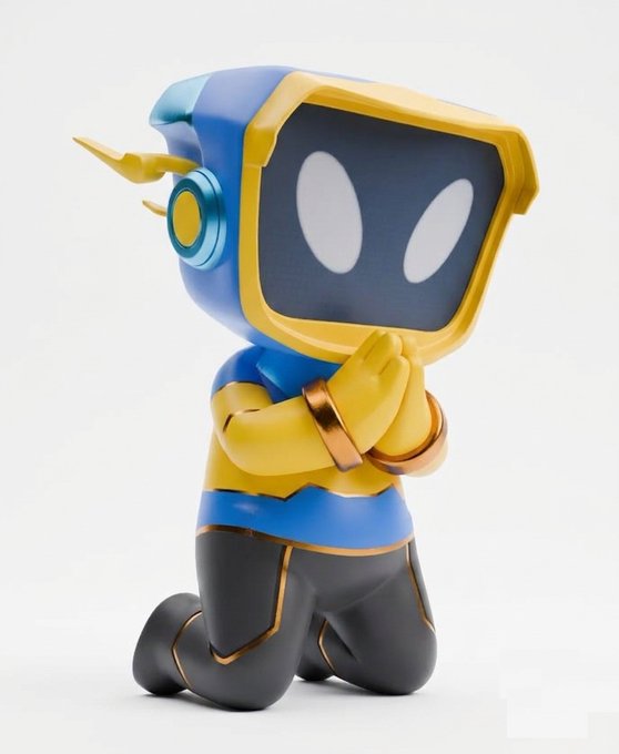 A 3D-rendered collectible figurine of a kneeling robot character with a TV screen head showing oval eyes, a yellow and blue body, black pants, and gold-trimmed details.
