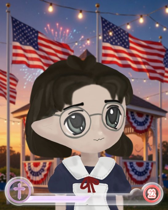 A cartoon-style character with large round glasses and a worried expression standing in front of American flags, a pavilion, and fireworks at dusk.