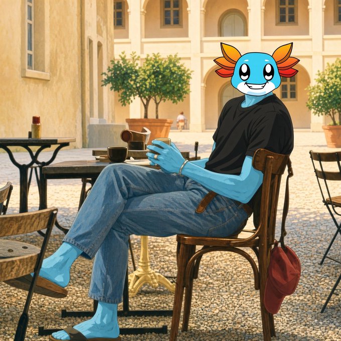 An AI-generated illustration of an anthropomorphic axolotl character with orange fins wearing a black t-shirt and blue jeans, sitting at an outdoor café holding a cup of coffee.