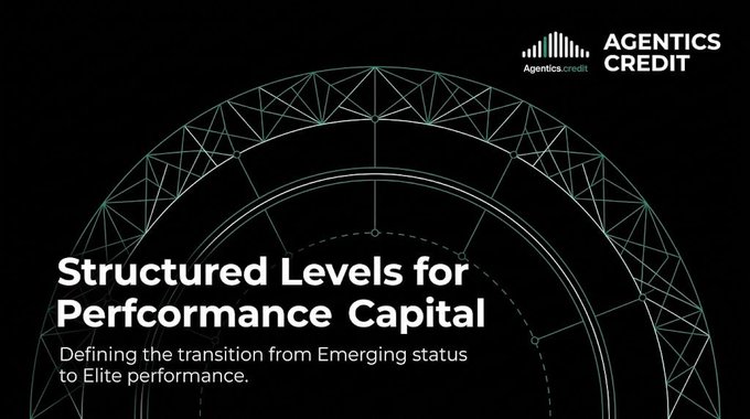 A dark-themed promotional graphic featuring the 'Agentics Credit' logo and the headline 'Structured Levels for Performance Capital,' with a subheading about defining the transition from Emerging status to Elite performance.