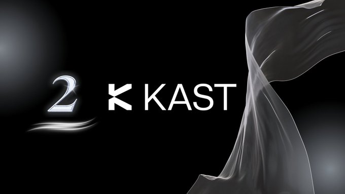 A sleek black and white graphic with the text '2 KAST' and flowing smoke-like effects on the right side.