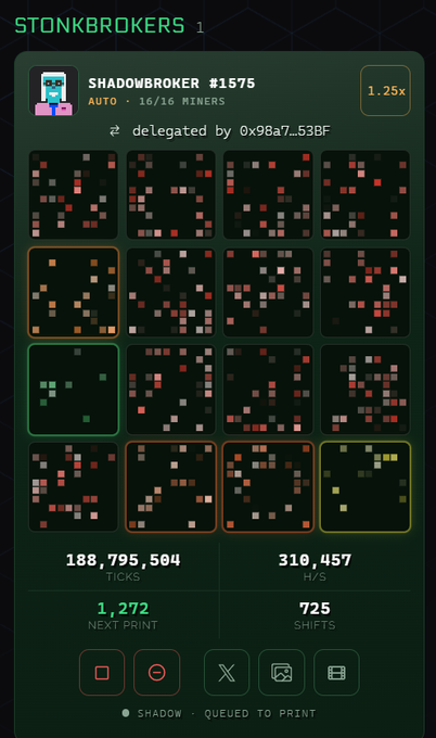 A digital dashboard interface for 'STONKBROKERS' shows a 'SHADOWBROKER #1575' with a 1.25x multiplier, displaying grid patterns and stats including '188,795,504 TICKS' and '310,457 H/S'.