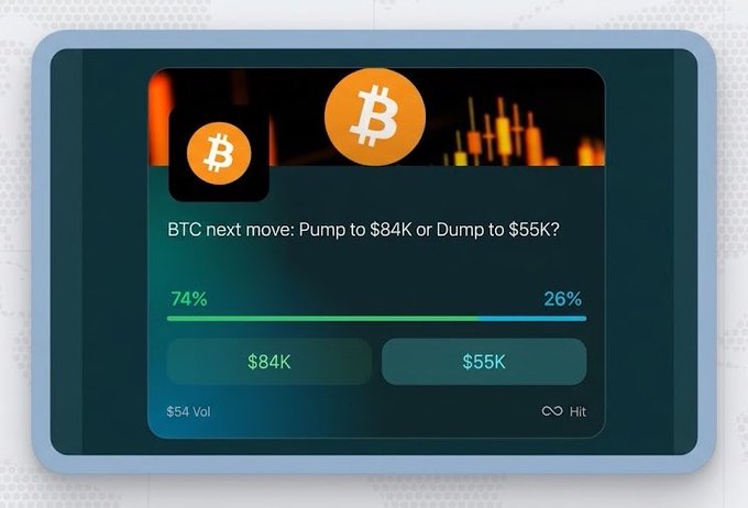 A trading interface showing a BTC prediction poll 'BTC next move: Pump to $84K or Dump to $55K?' with 74% voting for $84K and 26% for $55K, displayed on what appears to be a Polymarket-style platform.