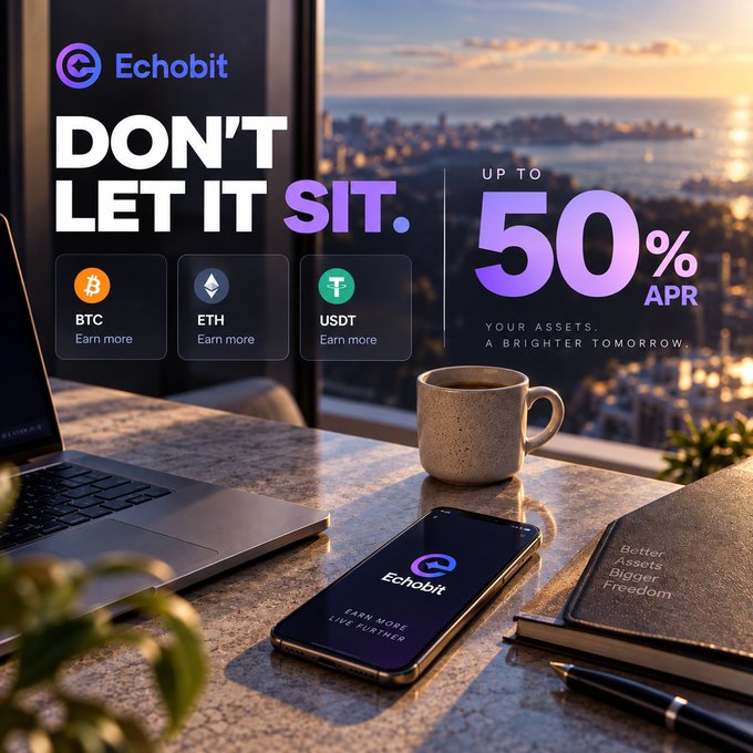 An advertisement for Echobit showing a desk setup with a phone and laptop, promoting crypto assets like BTC, ETH, and USDT with up to 50% APR.