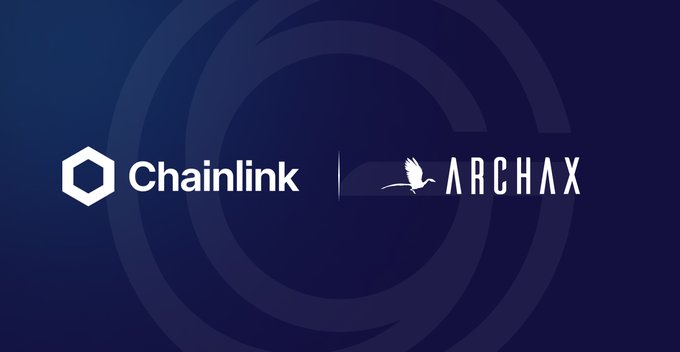 A dark blue graphic displays the logos of Chainlink and Archax side by side, indicating a partnership between the two companies.