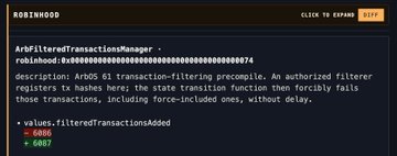 A webpage displays documentation for 'ArbFilteredTransactionManager' with the description: 'ArbOS 51 transaction-filtering precompile. An authorized filterer registers tx hashes here; the state transition function then forcibly fails those transactions, including force-included ones, without delay.'