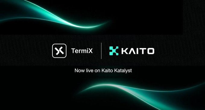 A promotional graphic with text 'TermiX | KAITO' and 'Now live on Kaito Katalyst' over a black background with teal light waves.
