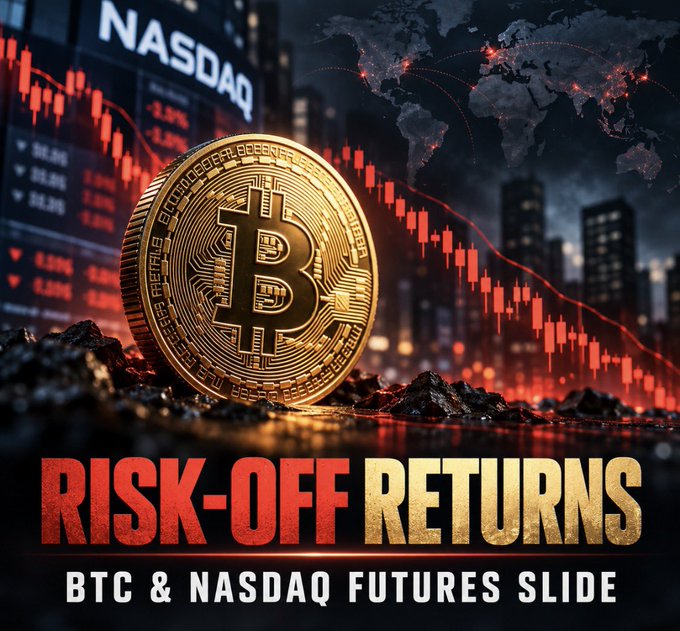 A gold Bitcoin coin sits amid rocky terrain against a backdrop of red descending candlesticks, a "NASDAQ" stock chart, and a dark world map, with bold text reading "RISK-OFF RETURNS — BTC & NASDAQ FUTURES SLIDE." The image visually captures the post's theme of market uncertainty, as geopolitical tensions with Iran drive simultaneous selloffs in both cryptocurrency and equity futures.