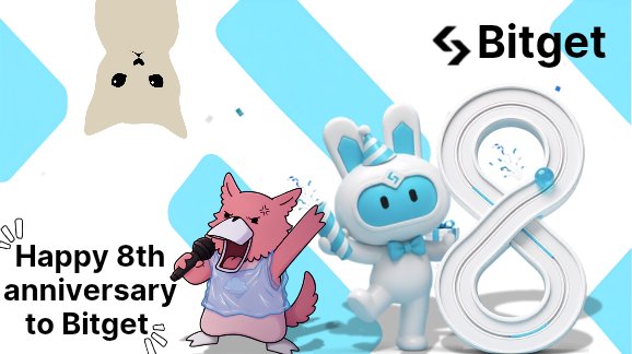 A promotional graphic for Bitget featuring an animated fox and a white rabbit-like mascot, with the text "Bitget", "Happy 8th anniversary to Bitget", and a large number 8.