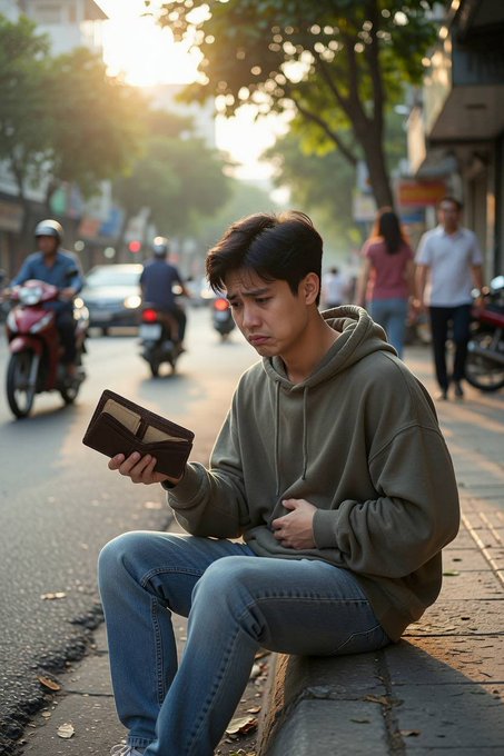 A distressed young man sits on a curb, looking into an empty wallet while holding his stomach, visually illustrating the "empty wallet and hungry stomach" mentioned in the post. The image serves as a relatable emotional hook for the financial lessons shared in the text.
