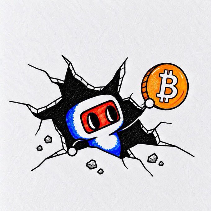 A hand-drawn illustration of a character with a black and red helmet bursting through a cracked wall, holding a Bitcoin coin.