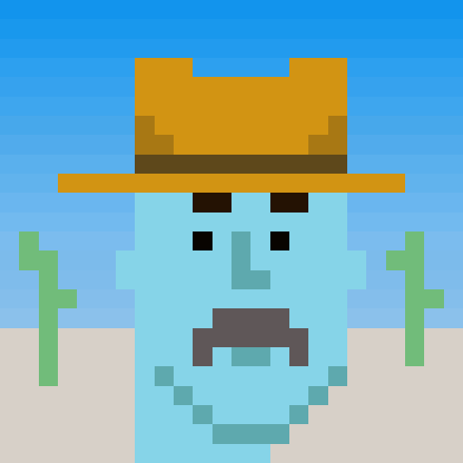 A pixel art portrait of a blue-skinned figure wearing a brown hat, standing in a desert landscape with green cacti.